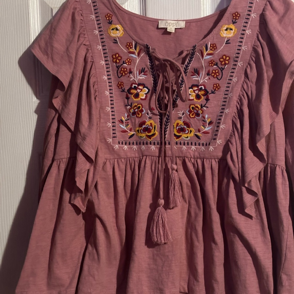 ODDY Mauve Embroidered Blouse with Tassels
